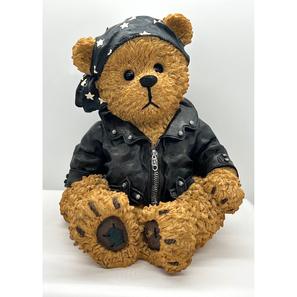 Biker Teddy Bear Figurine Resin Statue Black Leather Jacket Star Bandana Brown